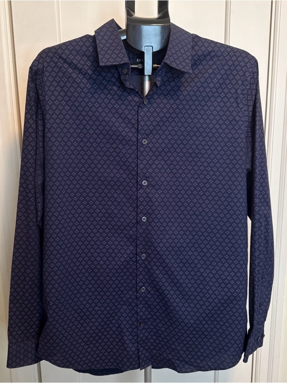 Express Navy Blue Shirt Men’s L Extra Slim Fit Micro Floral Diamond Square Print